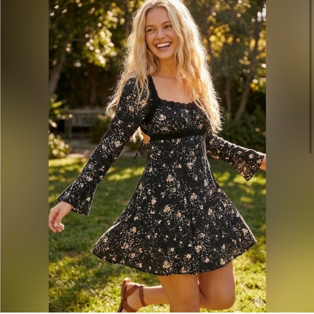 Free People Tess Black Floral Long Sleeve Mini Dress